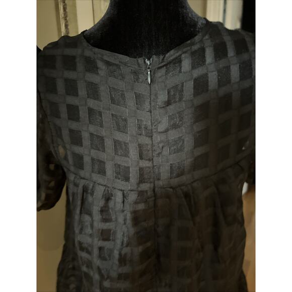 English Factory Puffy Sleeve Black Dress window pane semi sheer lined tired sz S - Picture 10 of 16